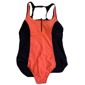 Roots Black & Coral Zip-Front One-Piece Swimsuit - Size 16
